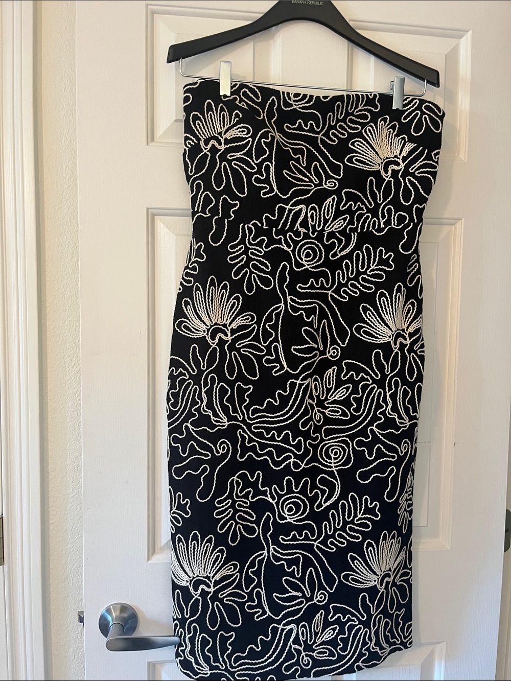 LOFT Black Strapless Dress with White Floral Embroidery